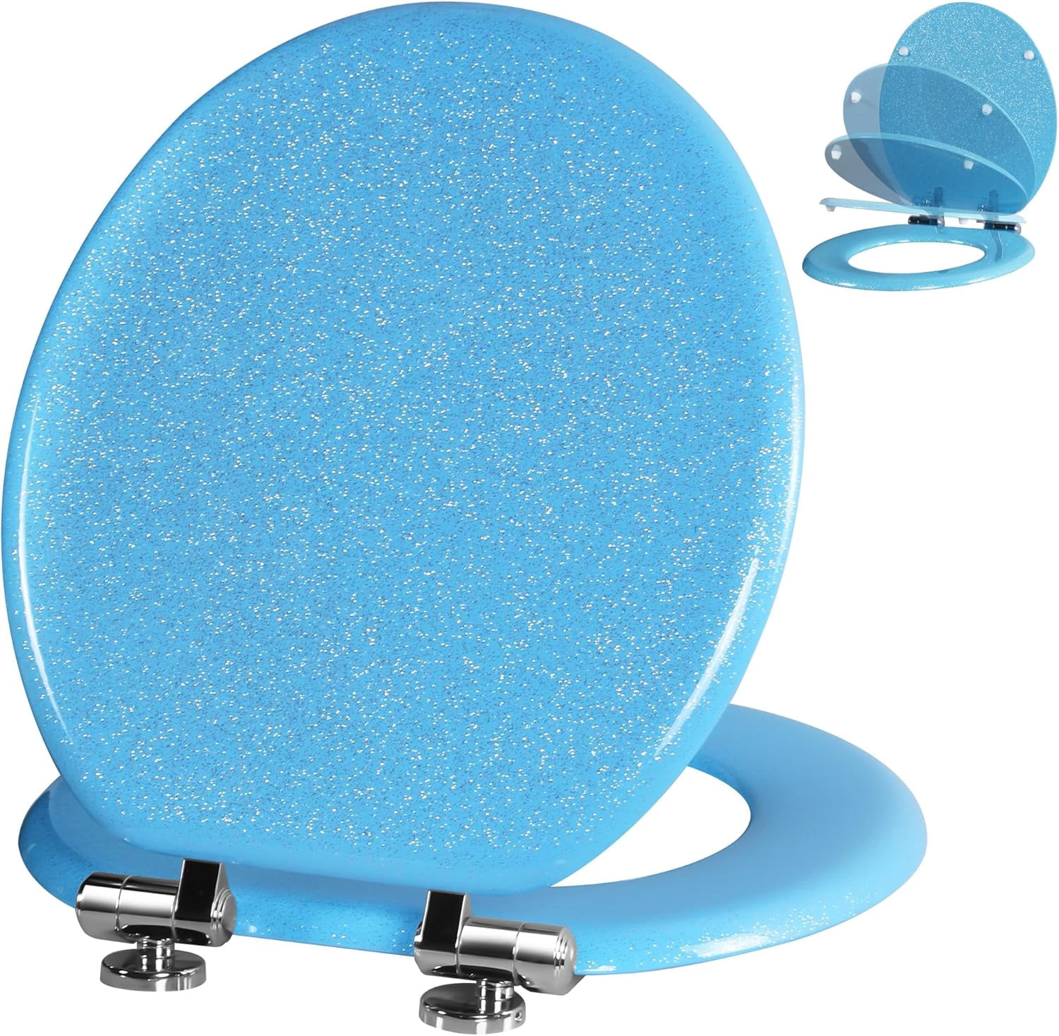 Glitter Toilet Seat Molded Wood Round Toilet Seat with Quietly Close and Quick Release Hinges, Easy to Clean also Easy to Install (Round 16.5'', Blue)