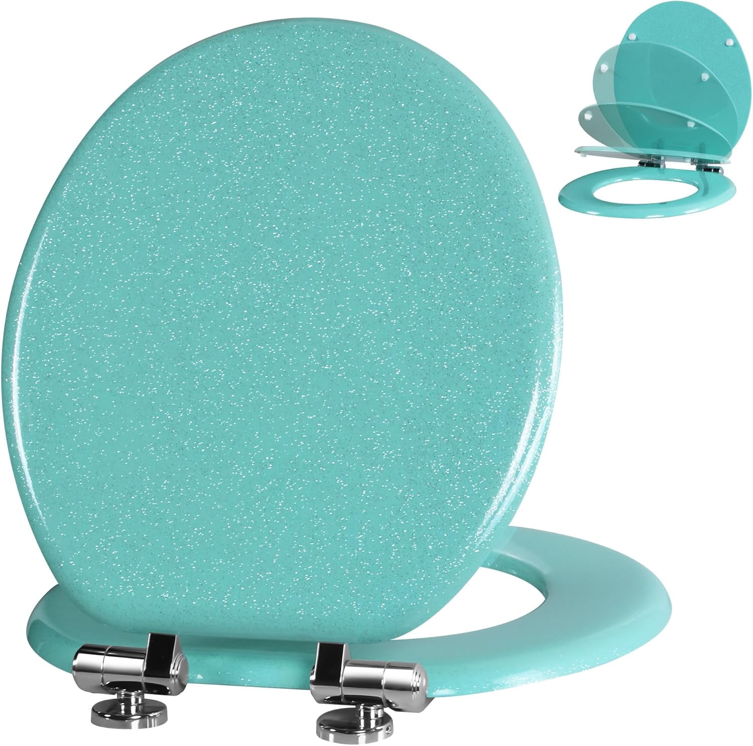 Glitter Toilet Seat Molded Wood Round Toilet Seat with Quietly Close and Quick Release Hinges, Easy to Clean also Easy to Install (Round 16.5'', Green)