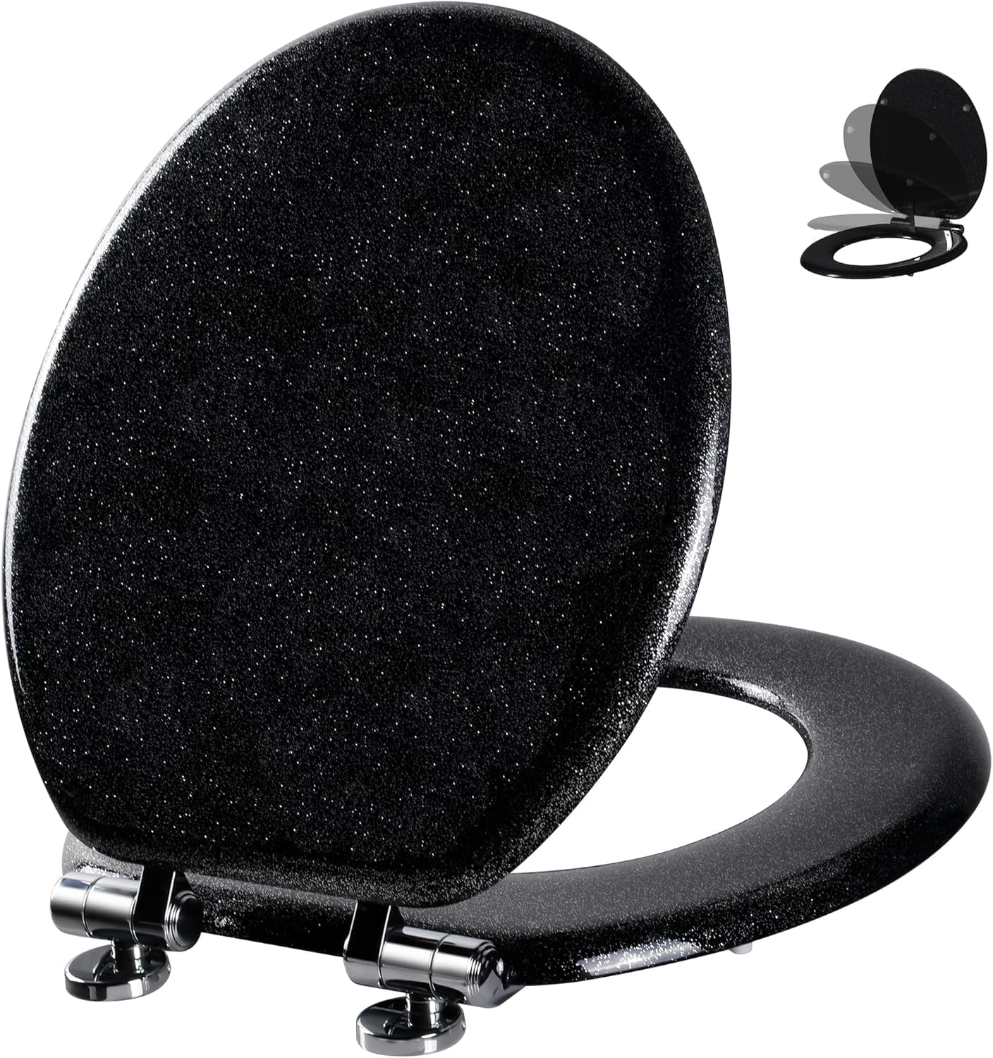 Glitter Toilet Seat Molded Wood Round Toilet Seat with Quietly Close and Quick Release Hinges, Easy to Install also Easy to Clean (Round 16.5'', Black)