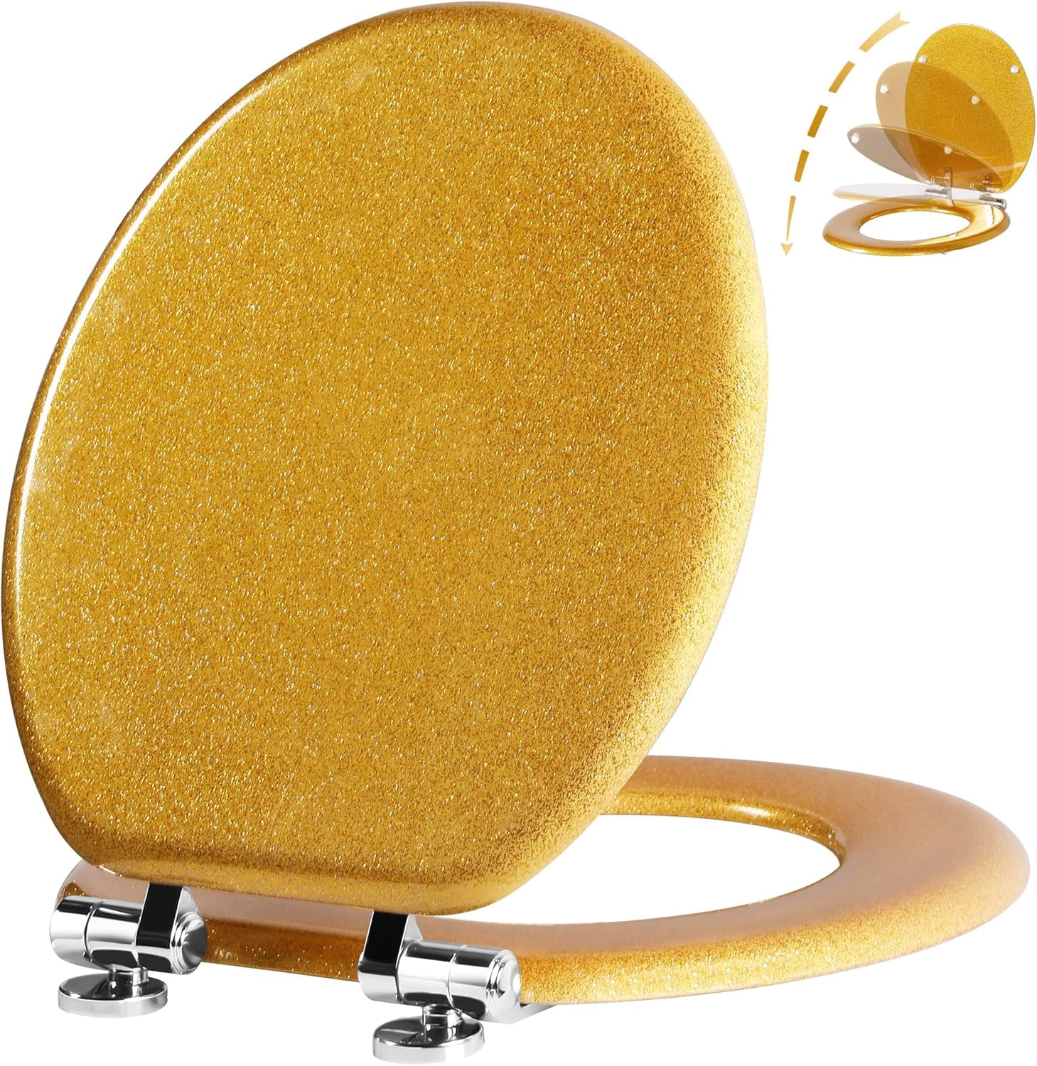 Glitter Toilet Seat Molded Wood Round Toilet Seat with Quietly Close and Quick Release Hinges, Easy to Install also Easy to Clean (Round 16.5'', Gold)