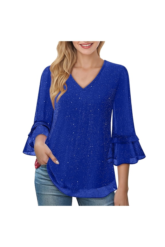 Glitter Tops for Women Dressy Casual V Neck 3/4 Sleeve Ruffled Shiny Flowy Swing Mesh Shirts Party Blouses (XXL, Blue-A)