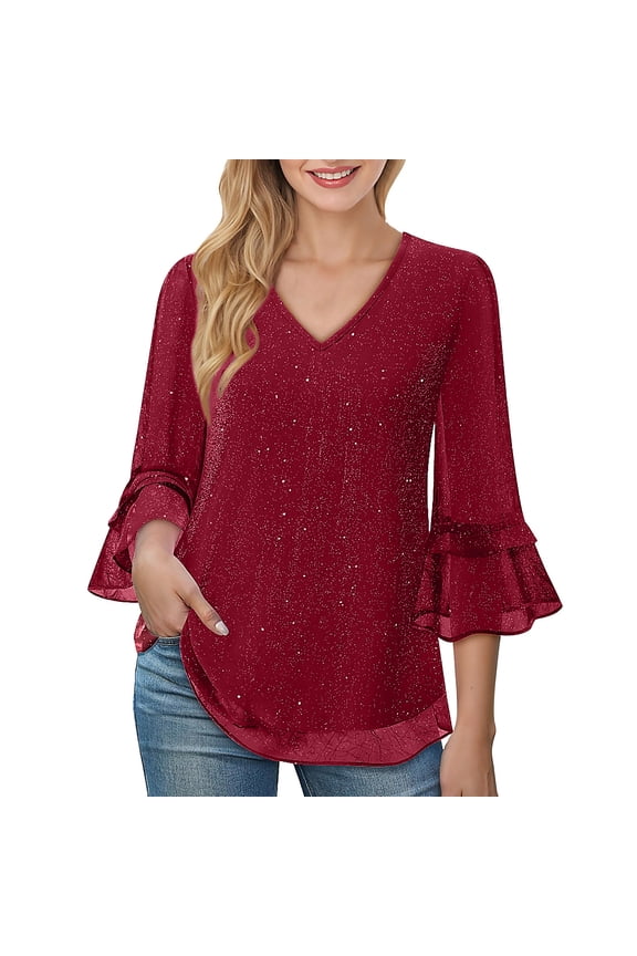 Glitter Tops for Women Dressy Casual V Neck 3/4 Sleeve Ruffled Shiny Flowy Swing Mesh Shirts Party Blouses (XXL, Red-A)