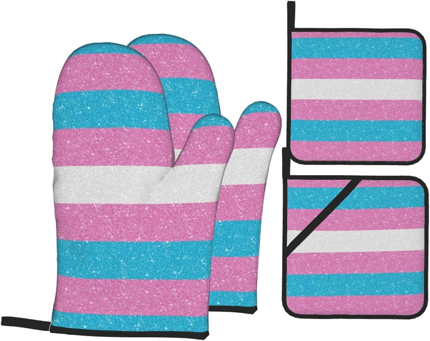 Glitter Transgender Proud Flag Oven Mitts and Pot Holders 4 Pcs Set,High Heat Resistant 500 Degree Extra Thicken Long Kitchen Cotton Oven Glove for Cooking