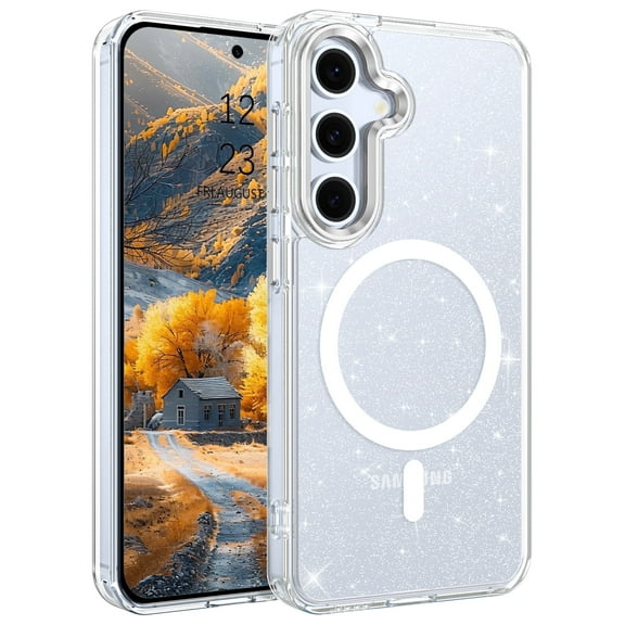GUAGUA Glitter Transparent Case for Samsung S25/ Samsung S24, 6.2" Anti-Scratch Case, Mobile Cover for Samsung S24, With Magnetic Suction Metal Lens Frame Metal Buttons Tpu+PC Hard Case Clear