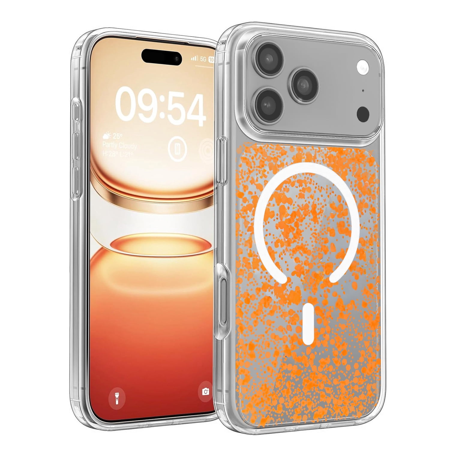Glitter Transparent Magnetic Protective Case for iPhone 17 Pro Max - Orange