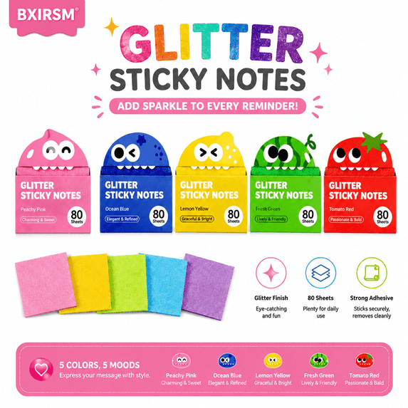 6pcs Glitter Transparent Sticky Notes,Pull Out Sticky Notes with Cute Fruit Dispensers,Clear Memo Pads for Book,Office,Bible