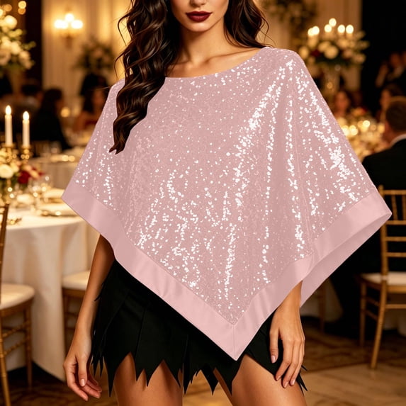 Glitter Triangle Wrap Cape, Irregular Sequin Poncho Shawl, Glitter Triangle Sequined Wrap Cape for Halloween Party Wedding Evening Costume, Multi Color Sparkly Cover Up, Pink One Size