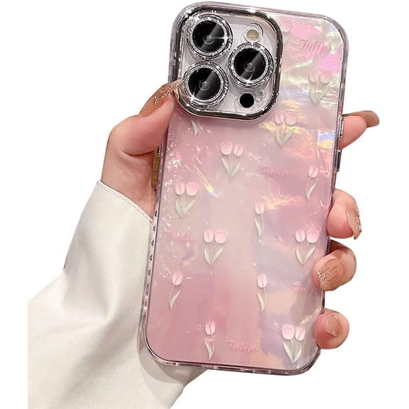 Glitter Tulip Shell Pattern Gradient Soft Phone Case Compatible with iPhone Case (Pink,iPhone 15)