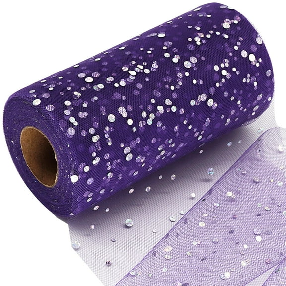 Glitter Tulle Fabric Rolls 6 Inch 50 Yards (150ft) Sparkling Ribbon Sequin Polka Dots Netting Spool, Purple
