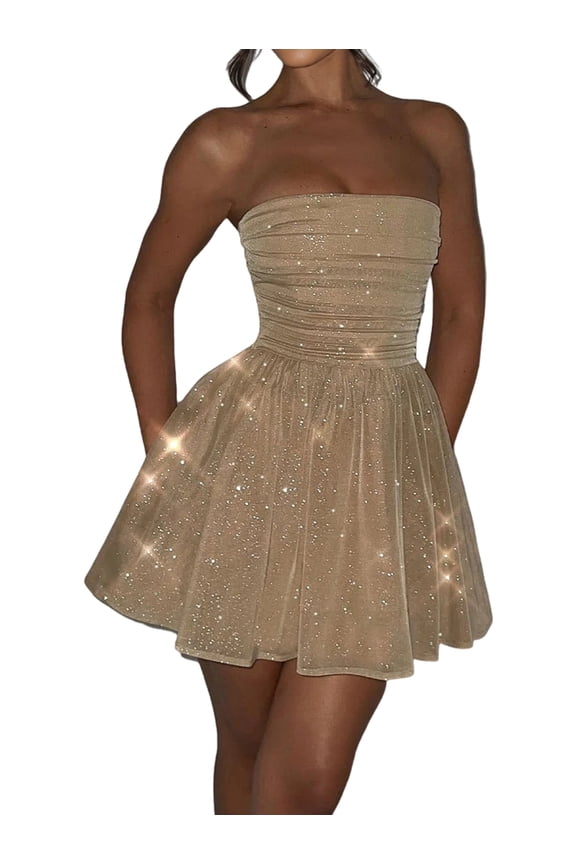 Glitter Tulle Homecoming Dresses Strapless Short Prom Mini Cocktail Party Gowns with Bo-W on Back Camel Color S