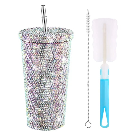 Glitter Tumbler with Brush Rhinestones Studded Tumbler Stainless Steel Insulated Bottle Sparkling Thermal Cup Birthday Gifts for Mom Wife,Multicolor