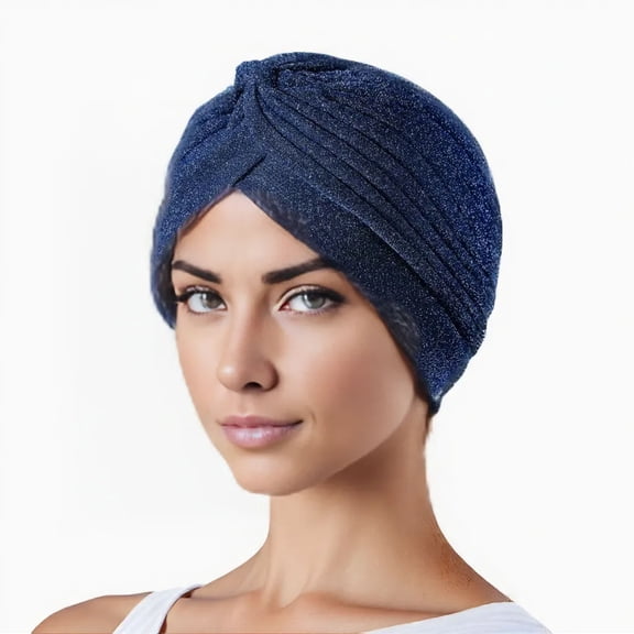 Glitter Turban Twist Knot Head Wrap Stretchy Metallic Fabric Elegant Headscarf for Stylish Looks - Navy Blue