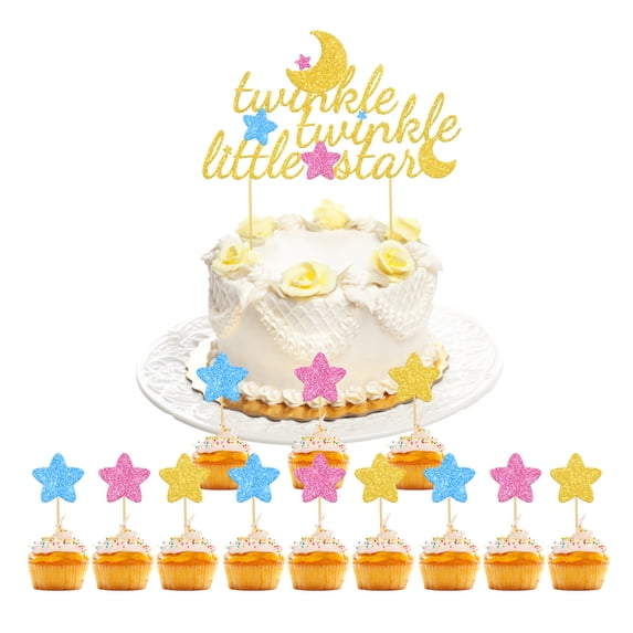 Glitter Twinkle Twinkle Little Star Gold Cake Topper Set - Baby Shower ...