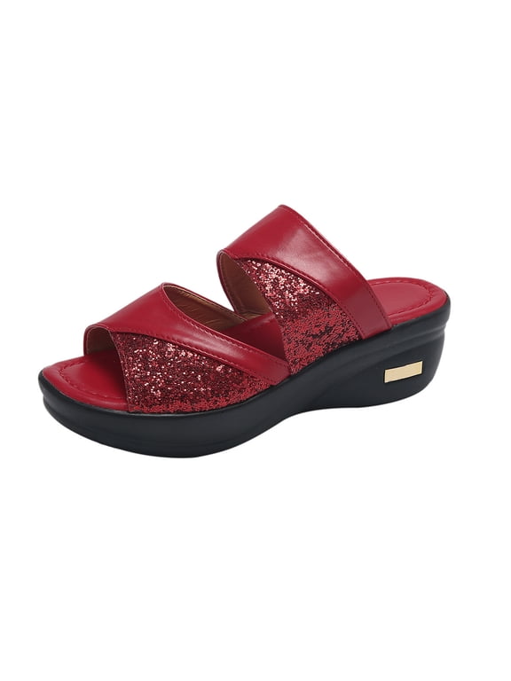 Glitter Two-Strap Wedge Slide Sandals – Casual Platform Mules for Women