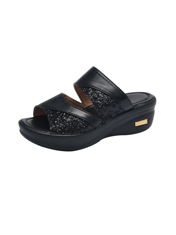 Glitter Two-Strap Wedge Slide Sandals – Casual Platform Mules for Women