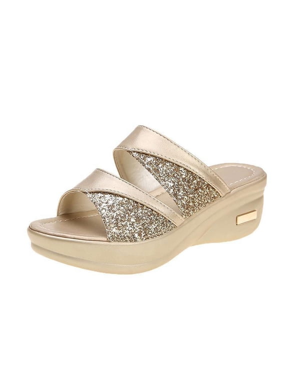Glitter Two-Strap Wedge Slide Sandals – Casual Platform Mules for Women