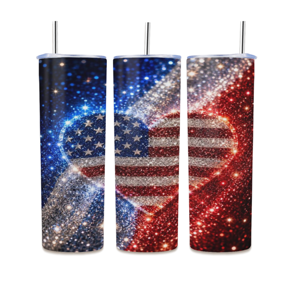 Glitter Usa Flag Split Heart Artwork 20oz Stainless Steel Tumbler with Straw