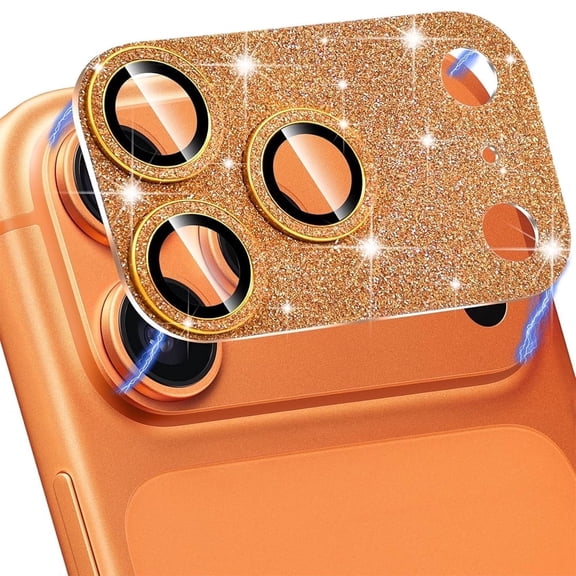 Orange Glitter Volcano Camera Lens Protector for iPhone 17 Pro Max, 9H Tempered Glass, Ultra HD, Full Coverage, Case Friendly