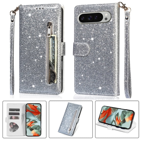 Glitter Wallet Case For Google Pixel 10 /10 Pro with Zipper Pocket, Sparkly PU Leather Flip Cover,Card Holder Slots,RFID Blocking,Detachable Wristlet,Magnetic Closure,Kickstand for Women,Silver