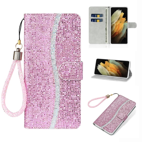 Glitter Wallet Case for Samsung Galaxy S21 FE, Sparkle Bling PU Leather Wrist Strap Soft TPU Shockproof Flip Cover with Kickstand Magnetic Clasp Card Slots Shining Case for Women Girls,Pink