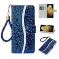 thumbnail image 1 of Glitter Wallet Case for Samsung Galaxy S21 FE, Sparkle Bling PU Leather Wrist Strap Soft TPU Shockproof Flip Cover with Kickstand Magnetic Clasp Card Slots Shining Case for Women Girls,Blue, 1 of 9
