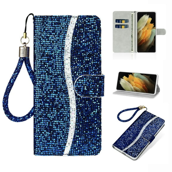Glitter Wallet Case for Samsung Galaxy S22 Plus, Sparkle Bling PU Leather Wrist Strap Soft TPU Shockproof Flip Cover with Kickstand Magnetic Clasp Card Slots Shining Case for Women Girls,Blue