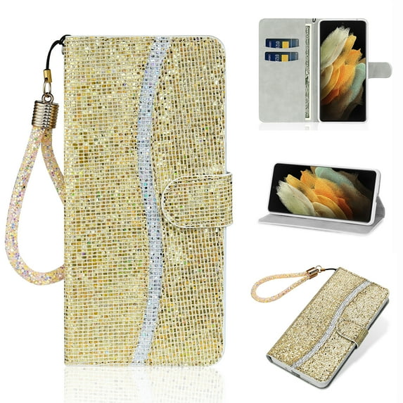 Glitter Wallet Case for Samsung Galaxy S22, Sparkle Bling PU Leather Wrist Strap Soft TPU Shockproof Flip Cover with Kickstand Magnetic Clasp Card Slots Shining Case for Women Girls,Gold