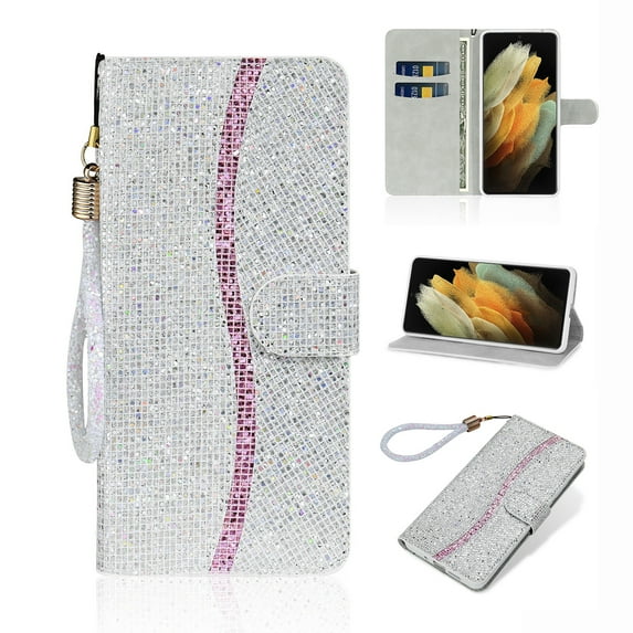 Glitter Wallet Case for Samsung Galaxy S22, Sparkle Bling PU Leather Wrist Strap Soft TPU Shockproof Flip Cover with Kickstand Magnetic Clasp Card Slots Shining Case for Women Girls,Silver