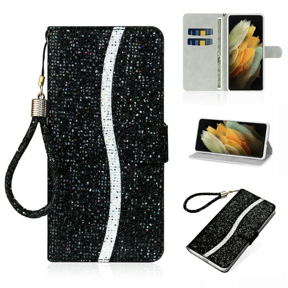 Glitter Wallet Case for Samsung Galaxy S22, Sparkle Bling PU Leather Wrist Strap Soft TPU Shockproof Flip Cover with Kickstand Magnetic Clasp Card Slots Shining Case for Women Girls,Black