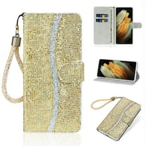 Glitter Wallet Case for Samsung Galaxy S24 FE, Sparkle Bling PU Leather Wrist Strap Shockproof Flip Cover with Kickstand Magnetic Clasp Card Holder Protective Case for Women Girls, Gold