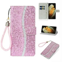 Glitter Wallet Case for Samsung Galaxy S24 Plus, Sparkle Bling PU Leather Wrist Strap Soft TPU Shockproof Flip Cover with Kickstand Magnetic Clasp Card Slots Shining Case for Women Girls, Pink