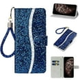 thumbnail image 1 of Glitter Wallet Case for iPhone 14 Pro, Sparkle Bling PU Leather Wrist Strap Soft TPU Shockproof Flip Cover with Kickstand Magnetic Clasp Card Slots Shining Case for Women Girls, Blue, 1 of 5