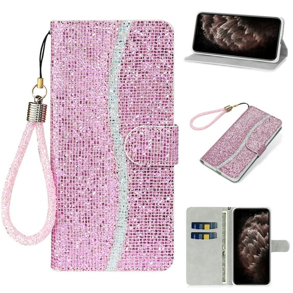 Glitter Wallet Case for iPhone 14 Pro, Sparkle Bling PU Leather Wrist Strap Soft TPU Shockproof Flip Cover with Kickstand Magnetic Clasp Card Slots Shining Case for Women Girls, Pink
