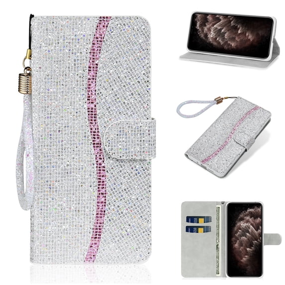 Glitter Wallet Case for iPhone 16 Plus, Sparkle Bling PU Leather Wrist Strap Soft TPU Shockproof Flip Cover with Kickstand Magnetic Clasp Card Slots Shining Case for Women Girls, Silver