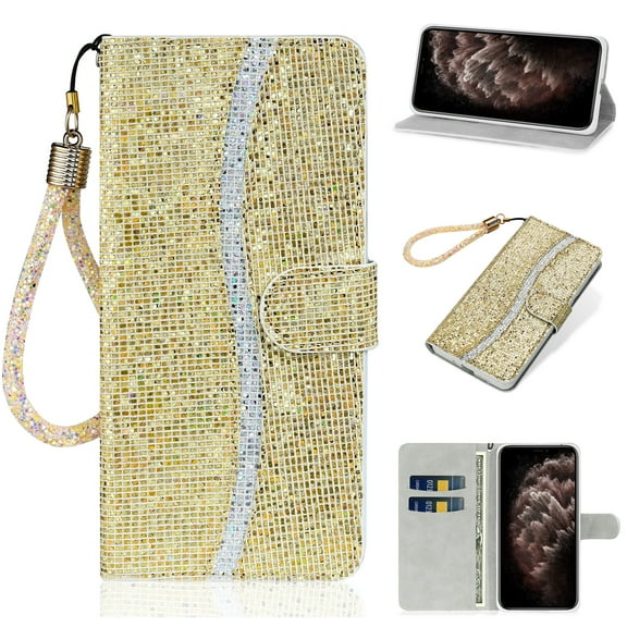 Glitter Wallet Case for iPhone 16 Pro Max, Sparkle Bling PU Leather Wrist Strap Soft TPU Shockproof Flip Cover with Kickstand Magnetic Clasp Card Slots Shining Case for Women Girls, Gold