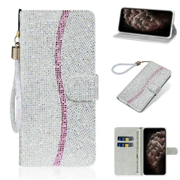 Glitter Wallet Case for iPhone 16 Pro, Sparkle Bling PU Leather Wrist Strap Soft TPU Shockproof Flip Cover with Kickstand Magnetic Clasp Card Slots Shining Case for Women Girls, Silver