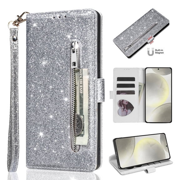 Glitter Wallet Case For iPhone 16e/17e with Zipper Pocket, Sparkly PU Leather Flip Cover,Card Holder Slots,RFID Blocking,Detachable Wristlet,Magnetic Closure,Kickstand for Women,Silver
