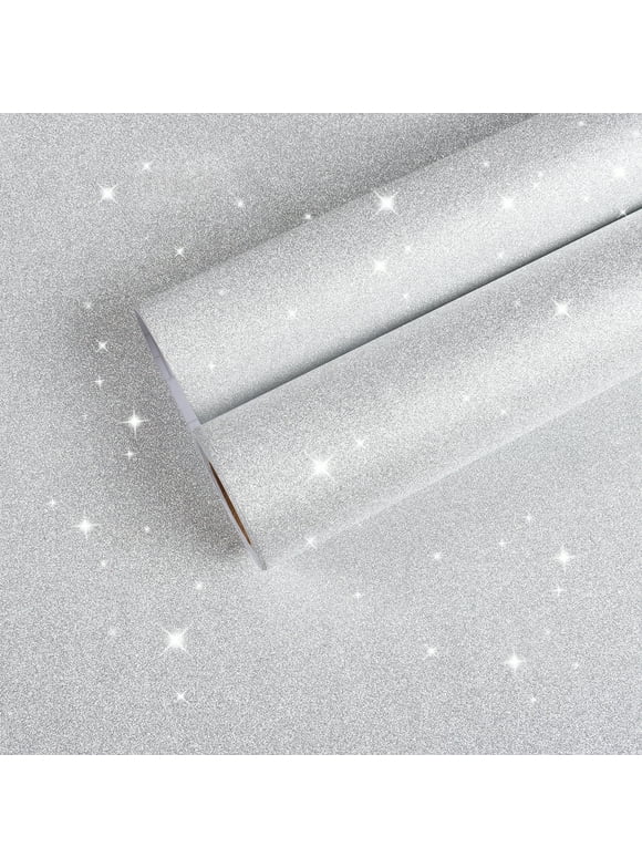 Glitter Wallpaper Sparkle Silver DIY Decorations Self Adhesive Peel and Stick Wallpaper Removable Sparkle Glitter Contact Paper Waterproof Wall Covering for Cabinet Christmas Decor 17.7"x100"