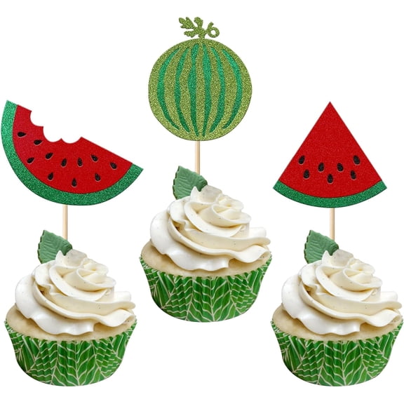 Glitter Watermelon Cupcake Toppers, Summer Tropical Fruit Picks, Kids Birthday Party Decorations, 12 PCS