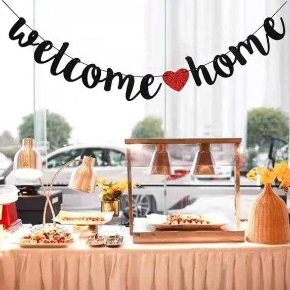 Glitter Welcome Home Banner - Reusable Cardboard Party Sign with Pre-Cut Holes for Homecoming, Housewarming, Family Reunion & Back to School Decorations (Black Letters)