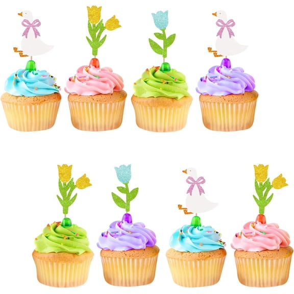 Glitter White Goose with Pink Bow Tulip Flower Cupcake Toppers 12 Pack Spring Easter Baby Shower Birthday Party Cupcake Picks Dessert Cake Decorations