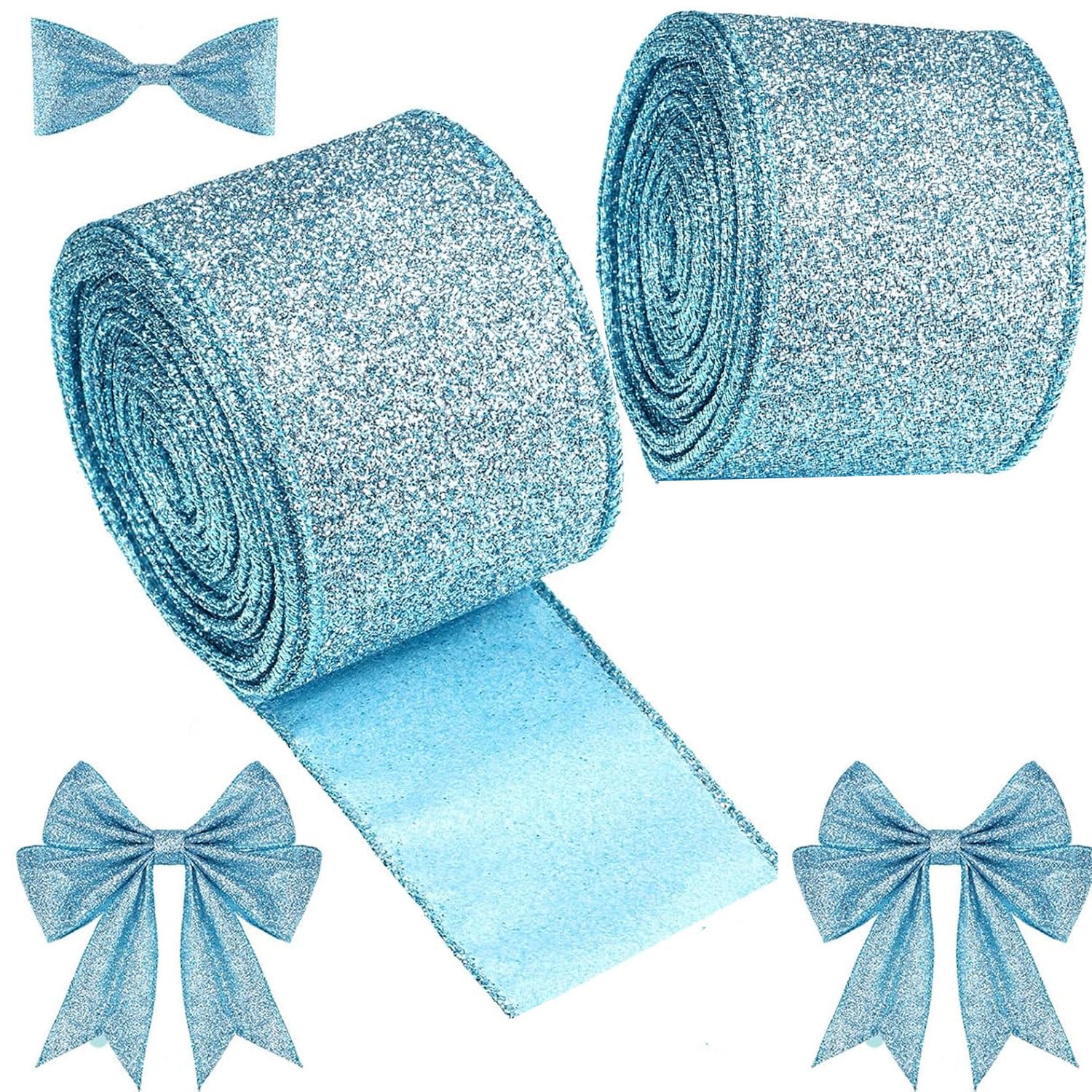 Glitter Wired Ribbon,Bexikou 2 Rolls 2.55 inch x 20 Yards Christmas Tree Ribbon,Christmas Wired Ribbon for Christmas Tree, Gift Wrapping, Wreath, Crafts, Bow Making and Party Decoration
