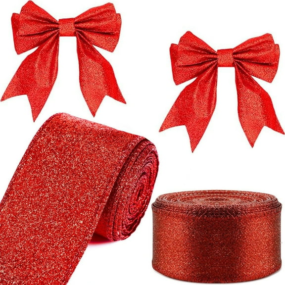 Glitter Wired Ribbon,Bexikou 2 Rolls Red Gift Wrapping Ribbon, Christmas Decorative Ribbons for Crafts Bow Wreath DIY Gift Wrapping Supplies (2.5 Inch x 20 Yards)
