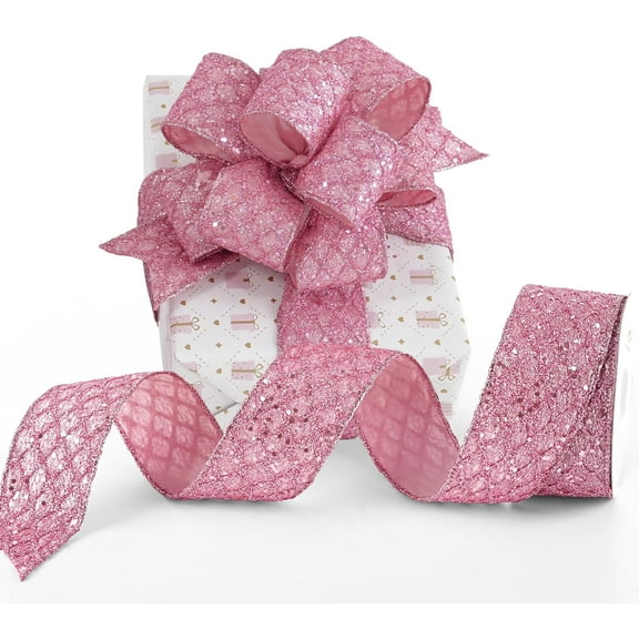 Glitter Wired Ribbon for Christmas Tree 2.5 inch 、Diamond Mesh Ribbon for Tree Decoration, Wreaths, Garland, Gift Wrapping, Large Bows Making, Home Decor -10 Yards