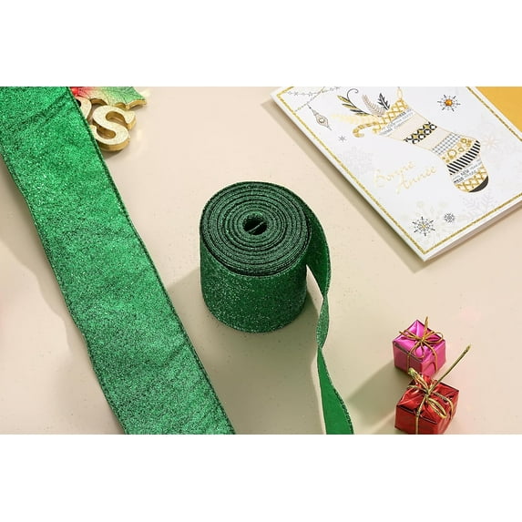 Glitter Wired Ribbon Decorations for Christmas Tree, Xmas Ribbons for Wreath DIY Crafts Farmhouse Home Outdoor Party Decor, 2.5" x 10 Yards x 1 Roll