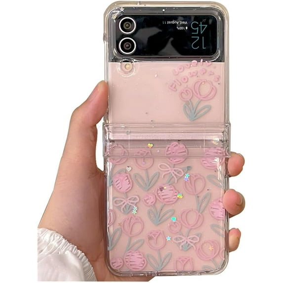 Glitter Woman Case for Galaxy Z Flip 3 Cute Line Flower, Pretty Girls Case for Samsung Z Flip 3 Pink Tulip Print, Clear Floral Case for Z Flip 3 Hinge Protector, Kawaii Shiny Case for Z Flip 3 (Tulip)