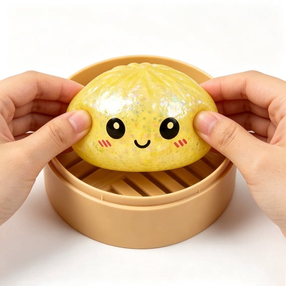 Glitter Yellow Dumpling Squishy Stress Balls, Colorful Dumpling Fidget Sensory Pack with Food Steamer, Stretchy Squeeze Dough Ball for Daily Stress Relief & Desktop Use