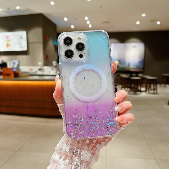 Glitter for iPhone 14 Pro Max Case Compatible with MagSafe for Women, [One-Piece Molding Technology] [Stronger Magnetic Attraction] [Military Grade Drop Protection] [Sparkle Clear], Blue+Purple