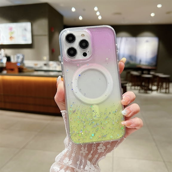 Glitter for iPhone 14 Pro Max Case Compatible with MagSafe for Women, [One-Piece Molding Technology] [Stronger Magnetic Attraction] [Military Grade Drop Protection] [Sparkle Clear], Purple+Yellow