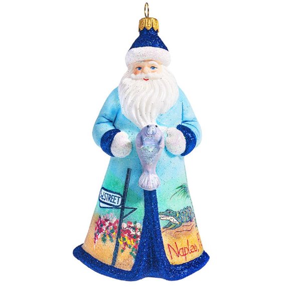 Glitterazzi Naples Florida Santa with Manatee Glass Christmas Ornament Santa